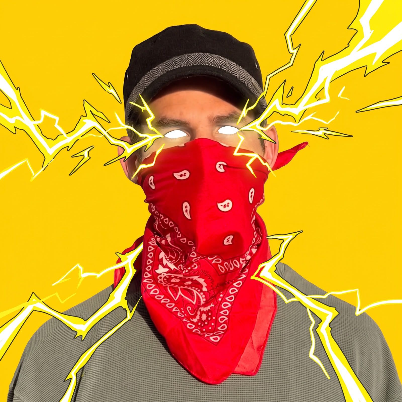 The artist, masked: red bandana, black cap, glowing eyes