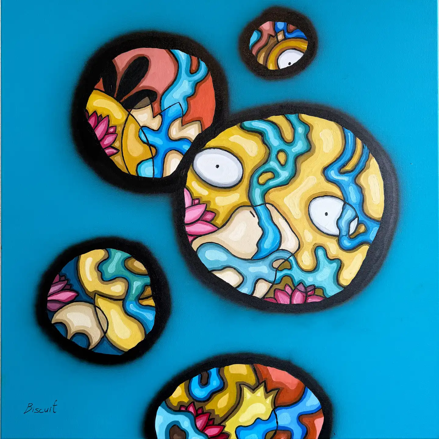 Psyduck, the whole canvas: five black spray rings on a turquoise field, each opening onto a painted fragment: a wide-eyed yellow face streaked with blue water, a pink lotus, a tangle of yellow limbs and ripples, and a yellow burst over red; signed Biscuit at the bottom left
