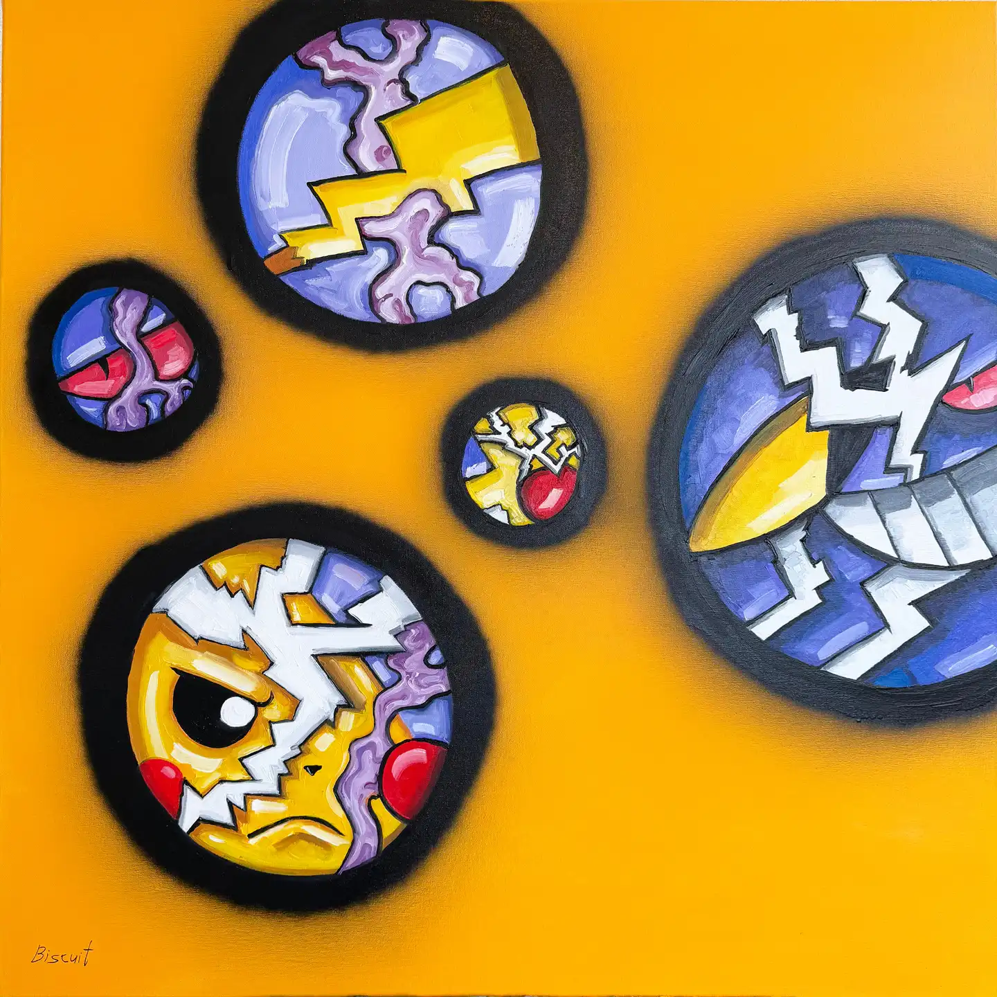 Pikachu vs Gengar, the whole canvas: five black spray rings on an orange field, each opening onto a painted fragment: a furious yellow face with a red cheek, a purple grin of white teeth, a yellow bolt in purple smoke, a narrowed red eye and a small yellow burst; signed Biscuit at the bottom left