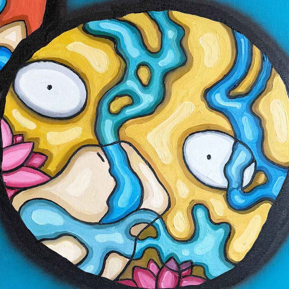 Psyduck, ring 1: the wide-eyed yellow face, blue water and a pink lotus