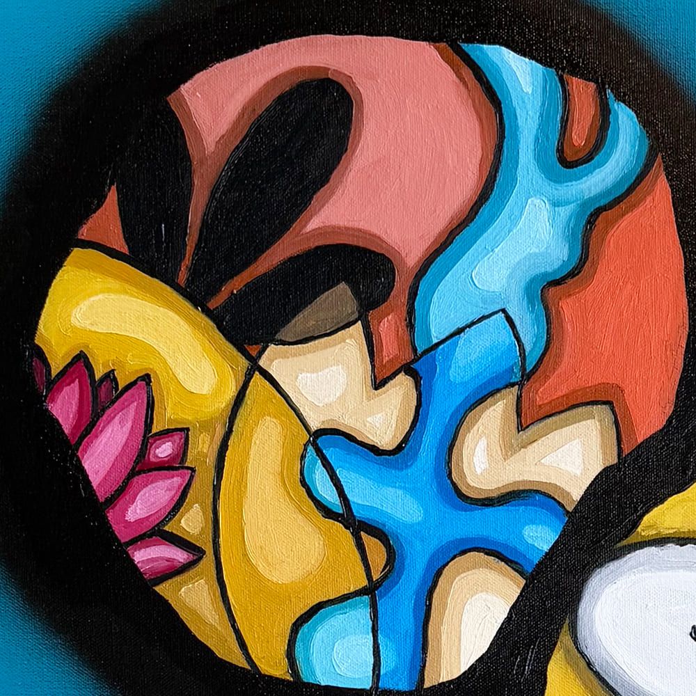 Psyduck, ring 2: yellow hands in blue water under dark leaves, a pink lotus at the edge