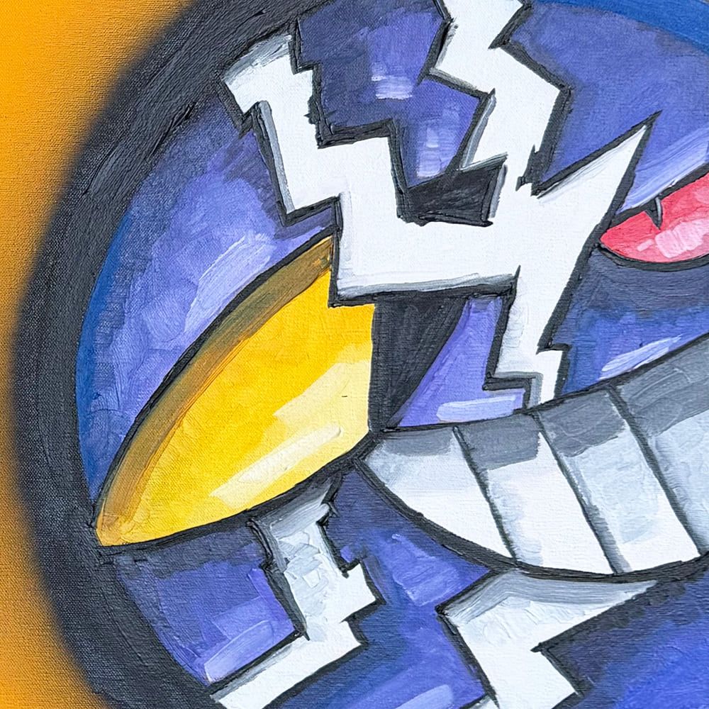 Pikachu vs Gengar, ring 2: a purple grin of white teeth with a yellow claw of lightning