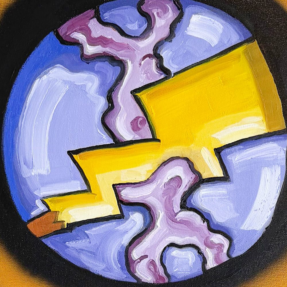 Pikachu vs Gengar, ring 3: a yellow bolt and purple smoke over a lilac sky