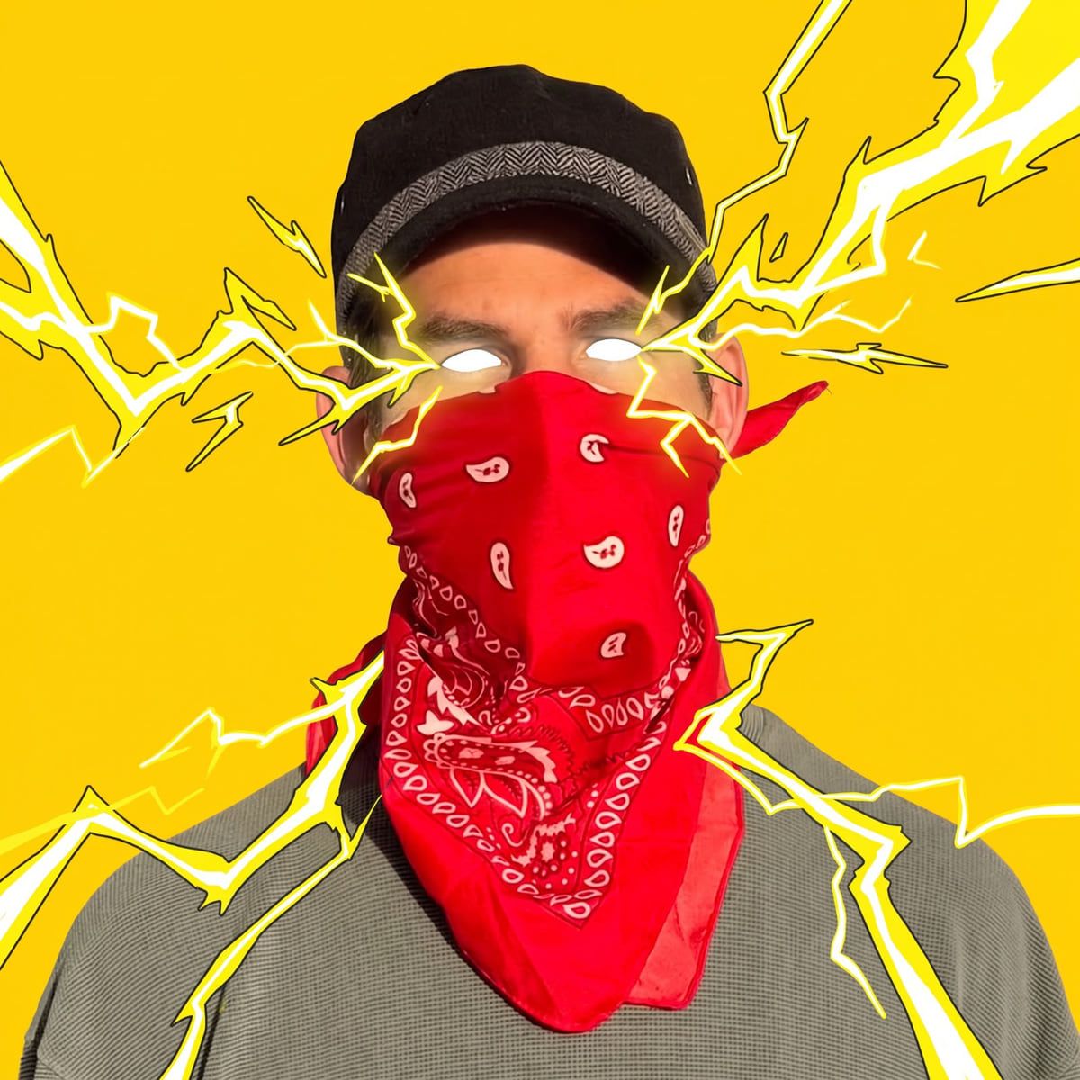 The artist, masked: red bandana, black cap and white glowing eyes shooting yellow lightning, on a yellow ground. A teaser for the next portal, now in progress