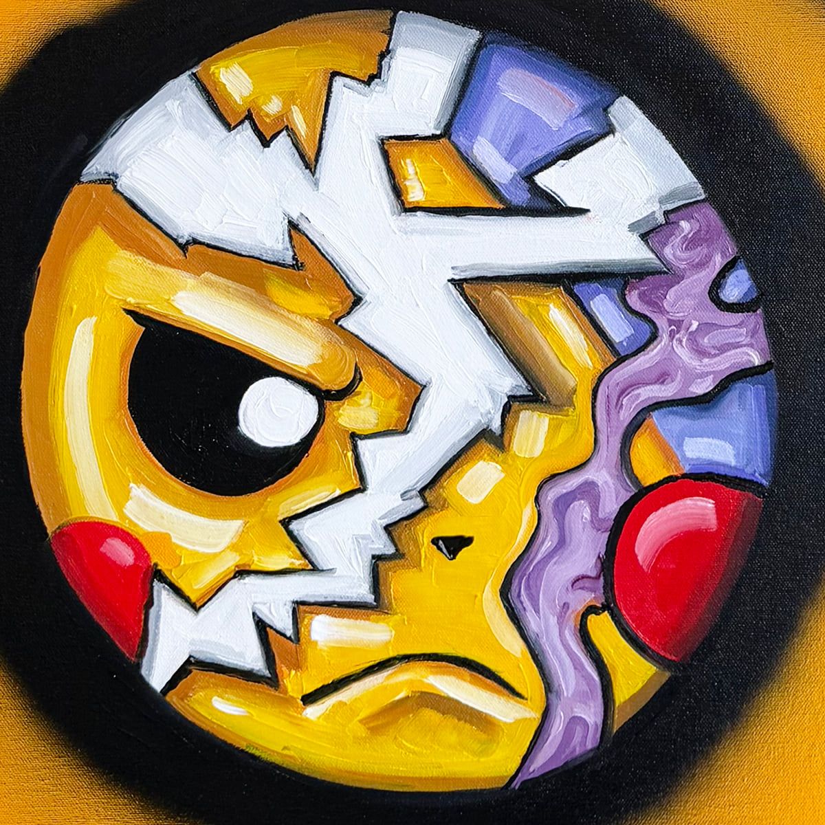 Pikachu vs Gengar, main ring: a furious yellow face with a red cheek, split by a white crack of lightning, painted in oil inside a black spray ring on an orange canvas